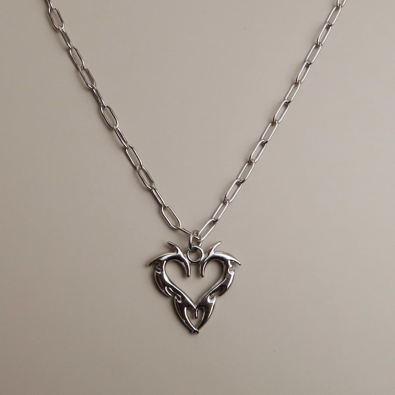 JIN - Cybersigilism Heart Necklace | Unisex Stainless Steel Necklace with Heart Pendant | Edgy E-Girl Jewelry in Silver image 5