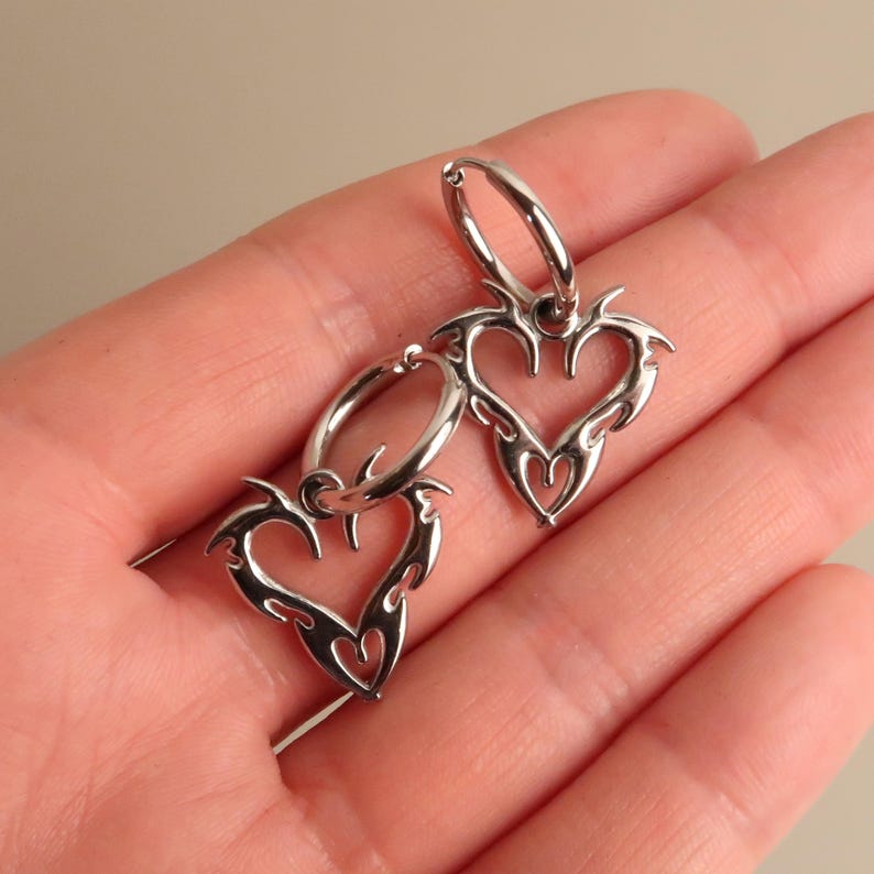 JIN - Cybersigilism Heart Earrings | Stainless Steel Huggies with Heart Pendant | Edgy E-Girl Jewelry in Silver image 4
