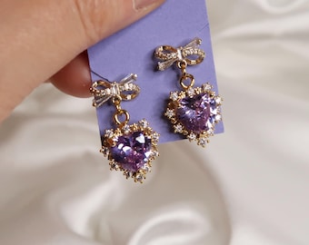 LILIE - Purple Princess Earrings | 18K Gold Plated | Zircon | Handmade | Bow Stud Earrings | Purple Heart Pendant | Sweet and Elegant