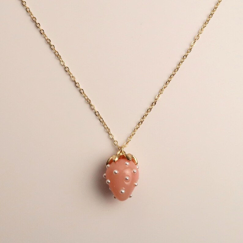 JUNA - Strawberry Necklace in Red & Pink | Delicate 18K Gold Plated Chain with Strawberry Pendant | Sweet Summer Jewelry Pink