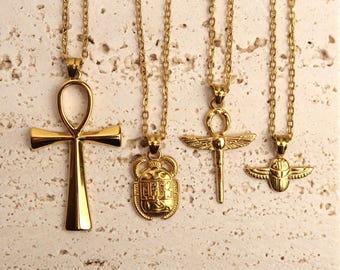 AMUN - Egyptian Necklace in Gold & Silver | Stainless Steel Necklace with Ankh, Scarab or Horus Pendant | Symbolic Everyday Jewelry