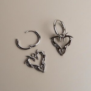 JIN - Cybersigilism Heart Earrings | Stainless Steel Huggies with Heart Pendant | Edgy E-Girl Jewelry in Silver image 2