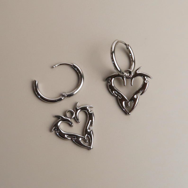 JIN - Cybersigilism Heart Earrings | Stainless Steel Huggies with Heart Pendant | Edgy E-Girl Jewelry in Silver image 2