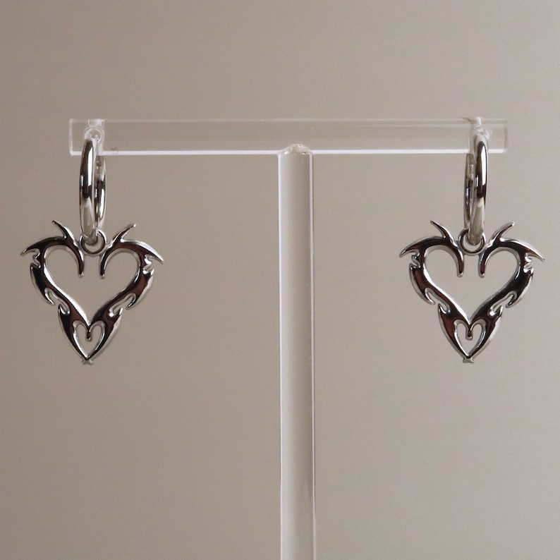 JIN - Cybersigilism Heart Earrings | Stainless Steel Huggies with Heart Pendant | Edgy E-Girl Jewelry in Silver image 6