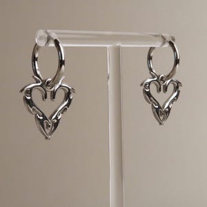 JIN - Cybersigilism Heart Earrings | Stainless Steel Huggies with Heart Pendant | Edgy E-Girl Jewelry in Silver image 7