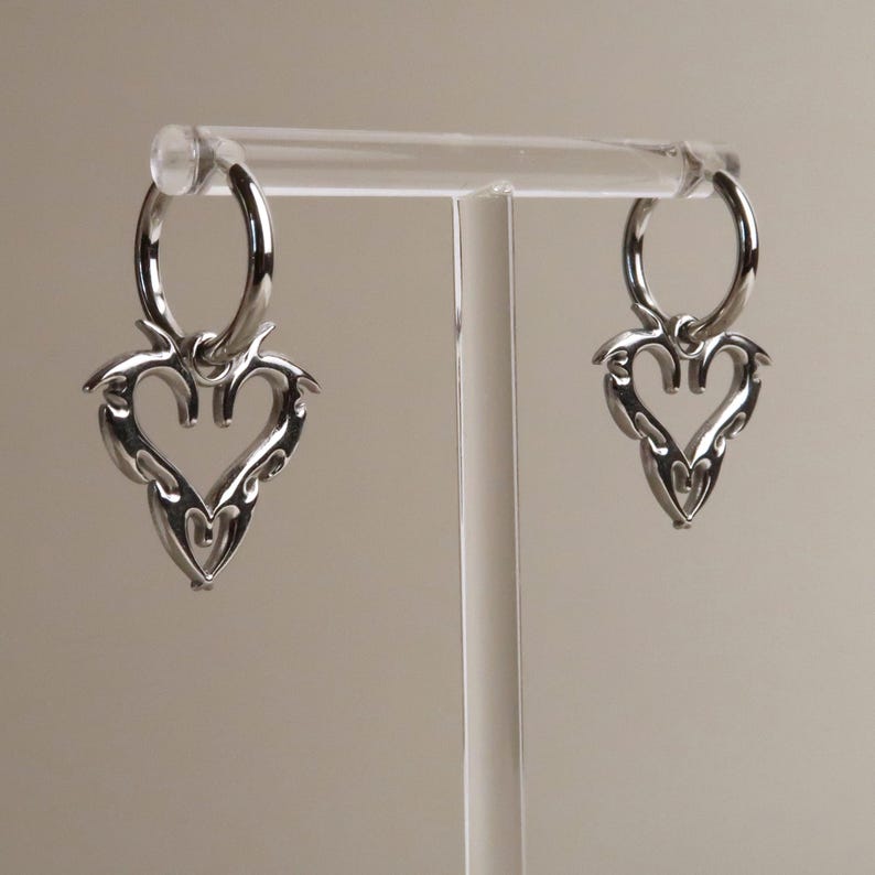 JIN - Cybersigilism Heart Earrings | Stainless Steel Huggies with Heart Pendant | Edgy E-Girl Jewelry in Silver image 7