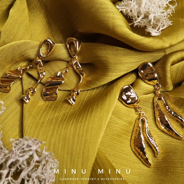 SOMNA - Abstrakte High Fashion Goldnugget Hängeohrringe | 18K Vergoldet | Außergewöhnliche, Elegante Ohrringe für Besondere Anlässe
