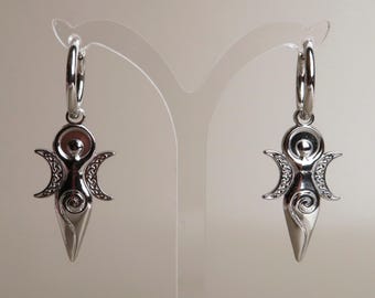 CIRA - Edgy Moon Goddess Earrings | Silver Stainless Steel Huggies with Goddess Pendants | Witchy E-Girl Goth Jewelry