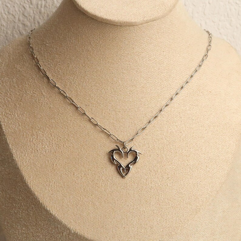 JIN - Cybersigilism Heart Necklace | Unisex Stainless Steel Necklace with Heart Pendant | Edgy E-Girl Jewelry in Silver image 9