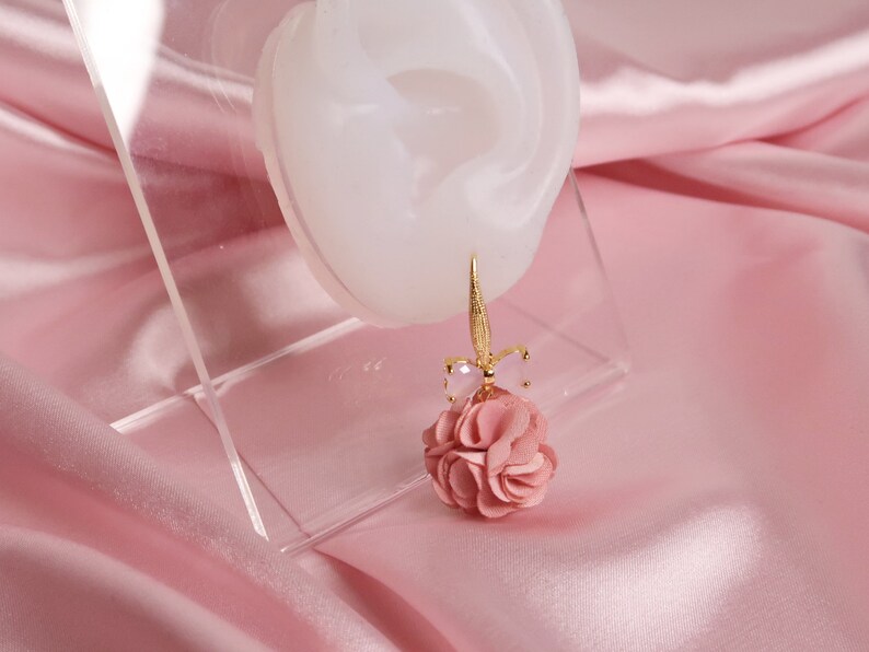 YUMI Sweet 18K Gold Plated Flower Dangle Earrings Zircon loop Fabric pompom pendant Handmade girls' earrings in white and pink image 9