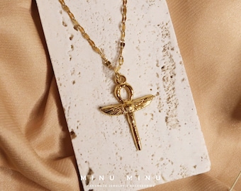 NUBIA - Golden stainless steel necklace with Egyptian cross pendant | Dragonfly design in Egyptian Ankh style | Symbolic jewelry unisex