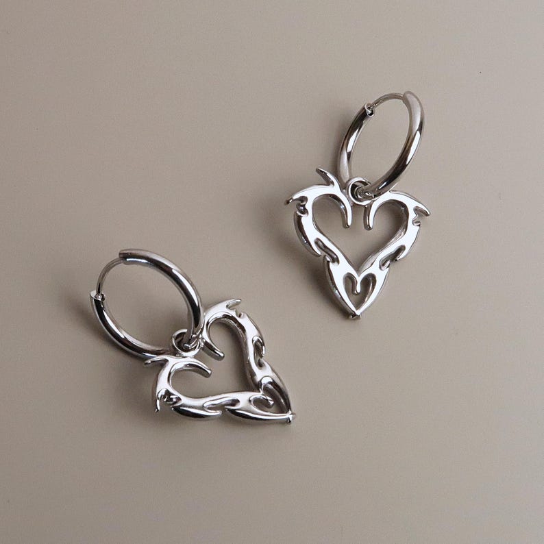 JIN - Cybersigilism Heart Earrings | Stainless Steel Huggies with Heart Pendant | Edgy E-Girl Jewelry in Silver image 5