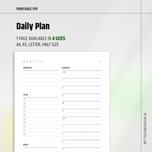 May include: A printable PDF daily planner with the title "Daily Plan". The planner includes sections for priorities, to-do lists, notes, and a schedule. The text "1 PAGE AVAILABLE IN 4 SIZES" is visible, along with the sizes A4, A5, Letter, and Half Size.