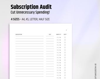 Subscription Cost Audit Printable: Money Saving Budget Worksheet (PDF) | 015