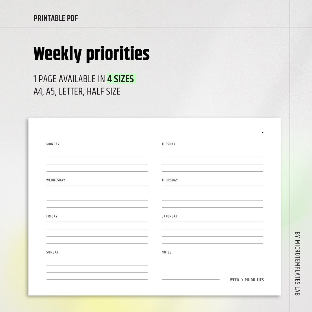 Weekly Priorities Notepad: Weekly Overview Printable Refill (PDF ...