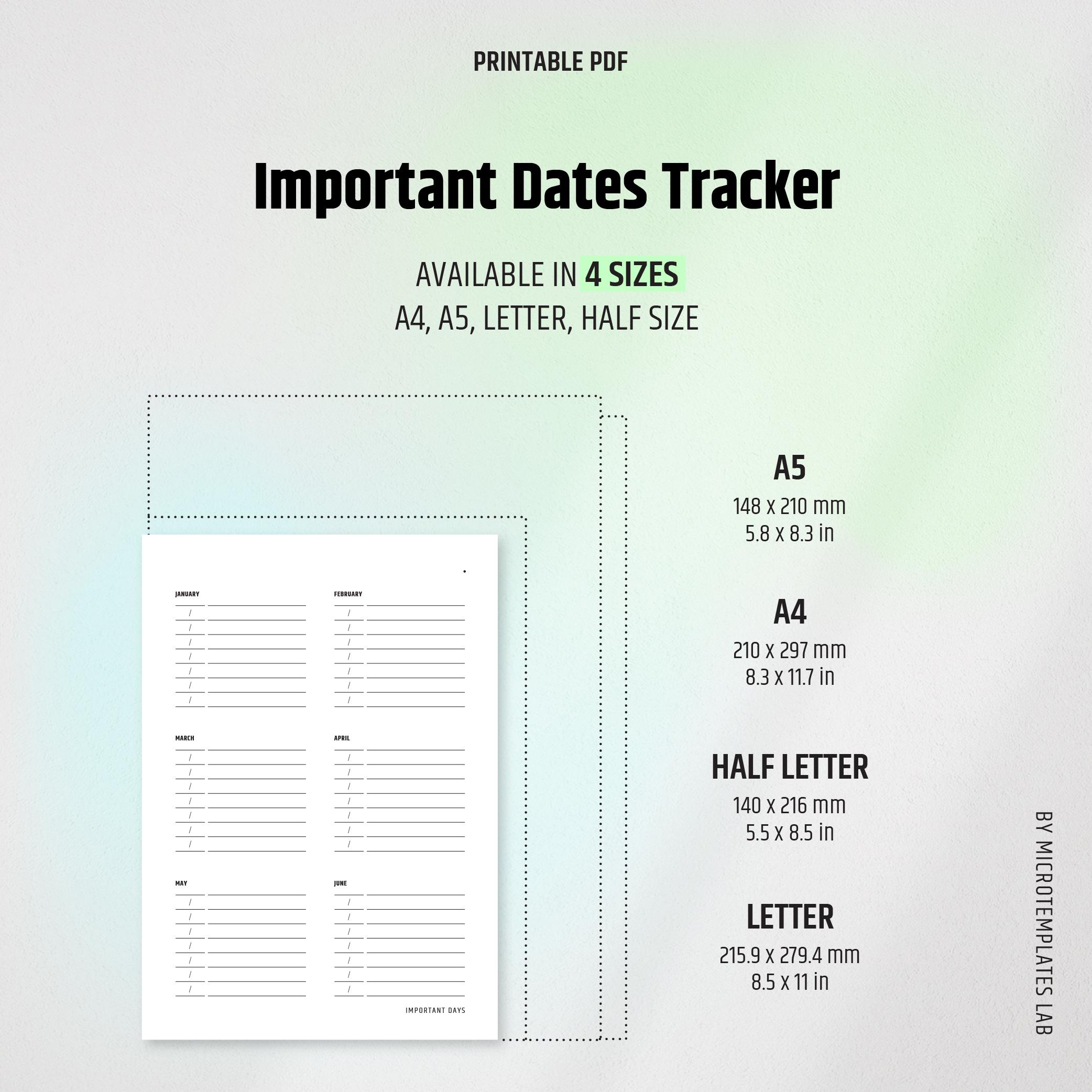 Dates.pdf Important Dates Tracker Printable: Date & Event List Organizer (digital ...