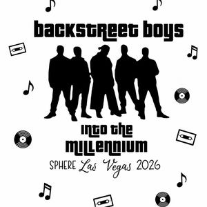 Puede incluir: Un diseño gráfico negro sobre fondo blanco con el texto Backstreet Boys, Into the Millennium y Sphere Las Vegas 2026. El diseño incluye siluetas de cinco figuras, notas musicales, cintas de casete y discos de vinilo.