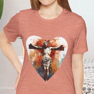 Crucifix Shirt Heart of Jesus Tee Christ T-Shirt Valentine&#39;s Day Heart Tee for Best Friends Watercolor Jesus Art Top Easter Mothers Day
