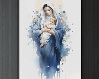 Watercolor Style Virgin Mary and Baby Jesus Acrylic Print Blessed Mother Wall Art Our Lady of Schoenstatt Modern Catholic Artwork Nativity