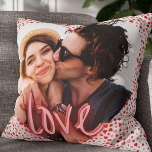 Funda de almohada con foto personalizada y corazón, funda de almohada cuadrada con corazones, funda de almohada con amor, regalo de San Valentín, funda de cojín romántica para pareja, color rojo