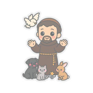 Religious Sticker Catholic Kawaii St Francis of Assisi Kiss-Cut Sticker Adorable Cartoon Saint Francis Decal Christening 1st Communion Gift