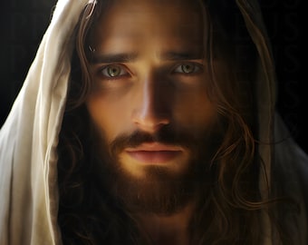 Jesús encapuchado en primer plano, imprimible, arte mural de Cristo, descarga digital, obra de arte católica, decoración cristiana