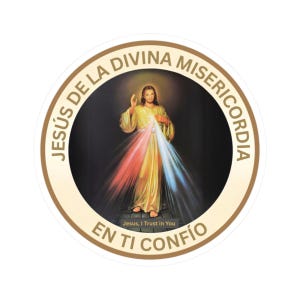 May include: Circular sticker depicting Jesus with red, white, and blue rays of light. The text "JESÚS DE LA DIVINA MISERICORDIA" and "EN TI CONFÍO" are printed around the image. The text "Jesus, I Trust in You" is also present. The sticker has a brown border.