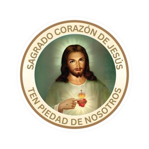 May include: Circular sticker depicting Jesus with long brown hair and a beard, wearing a light green robe. The image includes a flaming heart and text in a circular border that reads "SAGRADO CORAZÓN DE JESÚS TEN PIEDAD DE NOSOTROS."