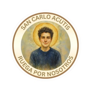 May include: A circular sticker featuring a portrait of San Carlo Acutis with a golden halo behind his head. He wears a dark blue shirt. The text SAN CARLO ACUTIS RUEGA POR NOSOTROS is printed in brown capital letters along the circular border.