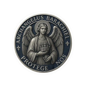 May include: Round sticker featuring an illustration of an angel with large wings, holding a crown and a rose. The sticker has a blue border with the words "ARCHANGELUS BARACHIEL PROTEGE NOS" in white.