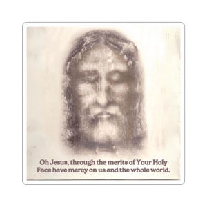 May include: A sticker with a sepia-toned image of a face, possibly a religious figure, with closed eyes and a beard. The text below reads: "Oh Jesus, through the merits of Your Holy Face have mercy on us and the whole world."