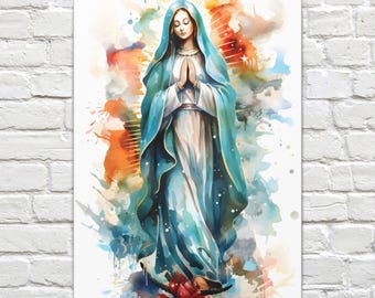 Our Lady of Guadalupe Wall Art Virgin Mary Portrait with Roses Eco-Friendly Canvas Cotton Polyester Blend Watercolor Style Catholic Decor