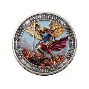 May include: A detailed round coin featuring Saint Michael, with a sword raised above a defeated demon. The coin has the words "SAN MIGUEL" and "PROTÉGENOS" in a decorative border, with a blue and gold colour scheme.