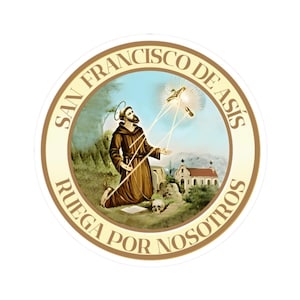 Pegatina Religiosa San Francisco de Asis Calcomania Catolica Glossy Español Patrono Veterinarios y Animales