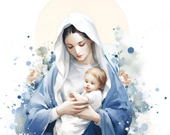 Jungfrau Maria und Jesuskind druckbare Wandkunst Muttergottes von Schönstatt-Aquarell-Stil digitale Kunst Mutter Maria Porträt digital herunterladen