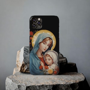 Krippe Slim Case Kawaii Jungfrau Maria und Jesuskind Handyhülle Katholische iPhone Hülle Religiöse Handyhülle für iPhone 16 Weihnachtsgeschenk