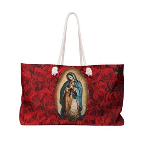 Wochenend-Tasche mit Unsere Dame von Guadalupe Design, religiöser Reise-Seesack, katholische Übernachtung Tote, Heilige Jungfrau Maria Schultertasche,