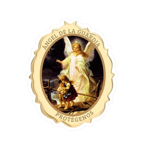 Pegatina Religiosa del Angel Guardian Calcomania Catolica Glossy Español Oración por Protección