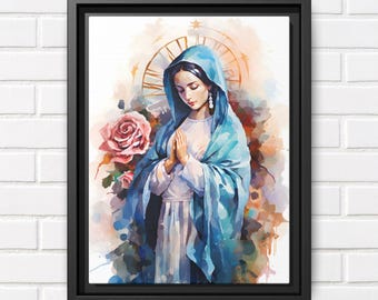 Our Lady of Guadalupe Wall Art Virgin Mary Portrait with Roses Eco-Friendly Frame & Canvas Cotton Polyester Watercolor Style Catholic Decor