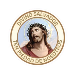 May include: A circular sticker with an illustration of Jesus Christ wearing a crown of thorns. The image includes the text "DIVINO SALVADOR TEN PIEDAD DE NOSOTROS" in a circular border around the central image.