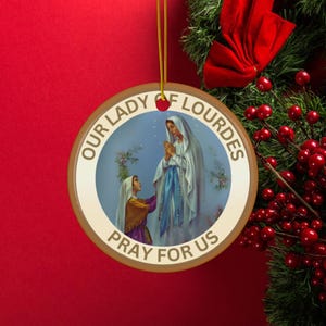 Our Lady of Lourdes Xmas Tree Ornament Double-Sided Ceramic Christmas Round Ornament Religious Holiday Decor Keepsake Housewarming Present