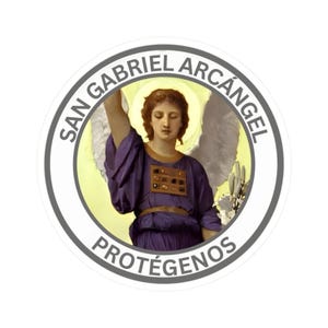 May include: A circular sticker featuring a depiction of the Archangel Gabriel with auburn hair, wearing a purple robe with a brown chest plate, set against a yellow halo. The text SAN GABRIEL ARCÁNGEL and PROTÉGENOS is printed in grey.