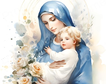 Jungfrau Maria und Jesuskind druckbare Wandkunst Muttergottes von Schönstatt-Aquarell-Stil digitale Kunst Mutter Maria Porträt digital herunterladen