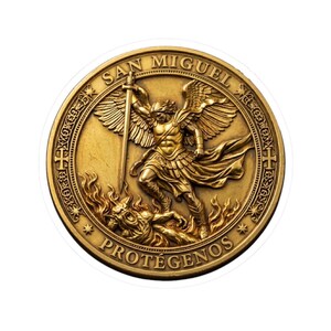 May include: A circular, gold-toned medallion with a detailed relief of Saint Michael the Archangel. The saint is shown with wings, holding a sword above a defeated figure. The words "SAN MIGUEL PROTEGENOS" are inscribed.