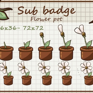 Puede incluir: Ilustración digital de insignias de suscripción de macetas. La imagen presenta varias etapas de una planta que crece en una maceta marrón, desde un brote hasta una flor en flor. El texto "Sub badge Flower pot" está en la parte superior.