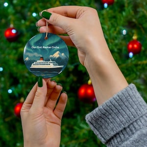 Our First Alaskan Cruise Ornament • Customizable Souvenir • Northern Lights, Mountains & Cruise Ship Holiday Keepsake