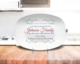 May include: White oval serving plate with text that reads "This plate travels from home to home, carrying joy and connection. Johnson Family. Enjoy the treats, refill with love, and pass it along - keeping us connected all year long."