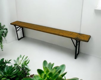 Used vintage ex hire wooden benches, folding wooden benches with green metal legs