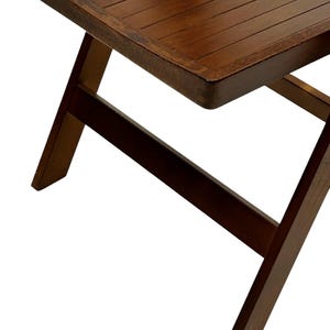 May include: A dark brown wooden folding chair with a slatted seat and a simple, sturdy design.