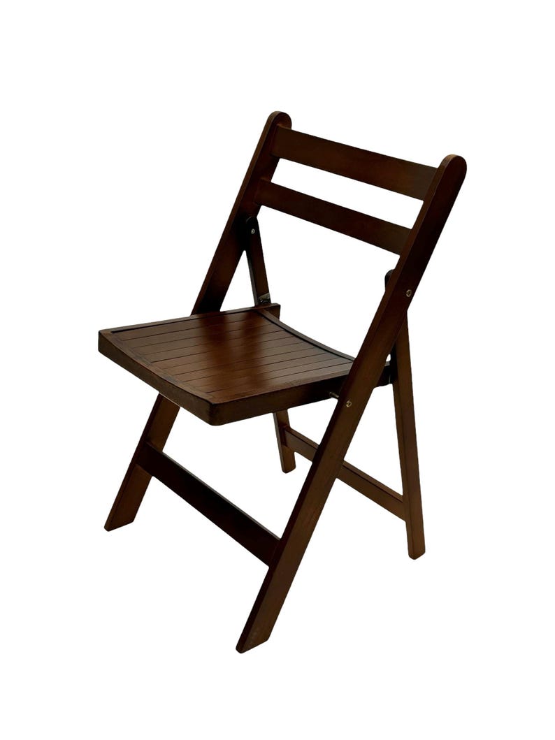 May include: A dark brown wooden folding chair with a slatted seat and back.